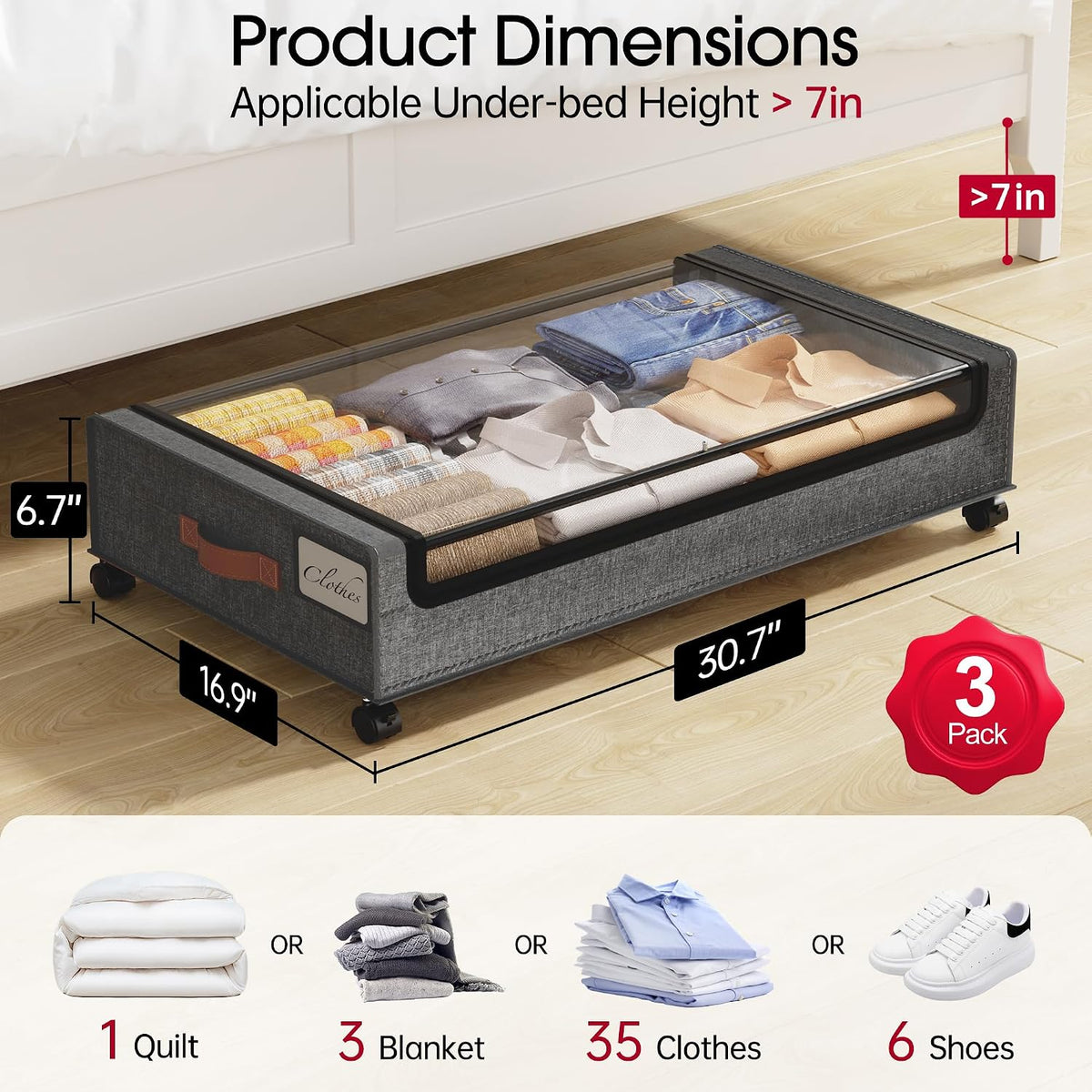 Yecaye Paquete de 3 unidades de almacenamiento debajo de la cama co...