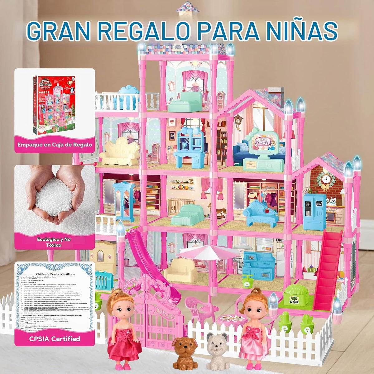 Seifar Casa de Muñecas para Niñas, 4 Pisos, 13 Habitaciones, 3 Muñe...