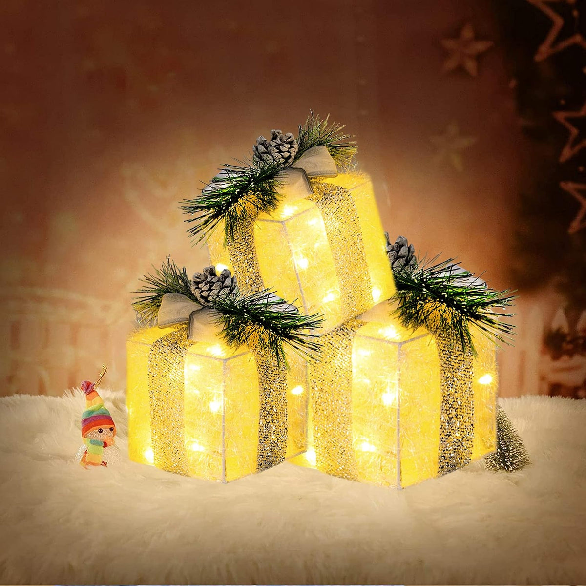 Hourleey Juego de 3 cajas de regalo iluminadas de Navidad, 60 cajas...