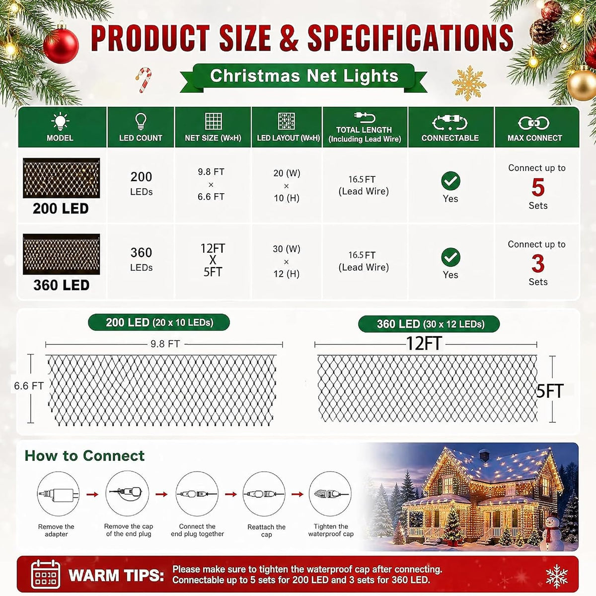 Dazzle Bright - Luces de red de Navidad, 360 LED, 12 pies x 5 pies,...