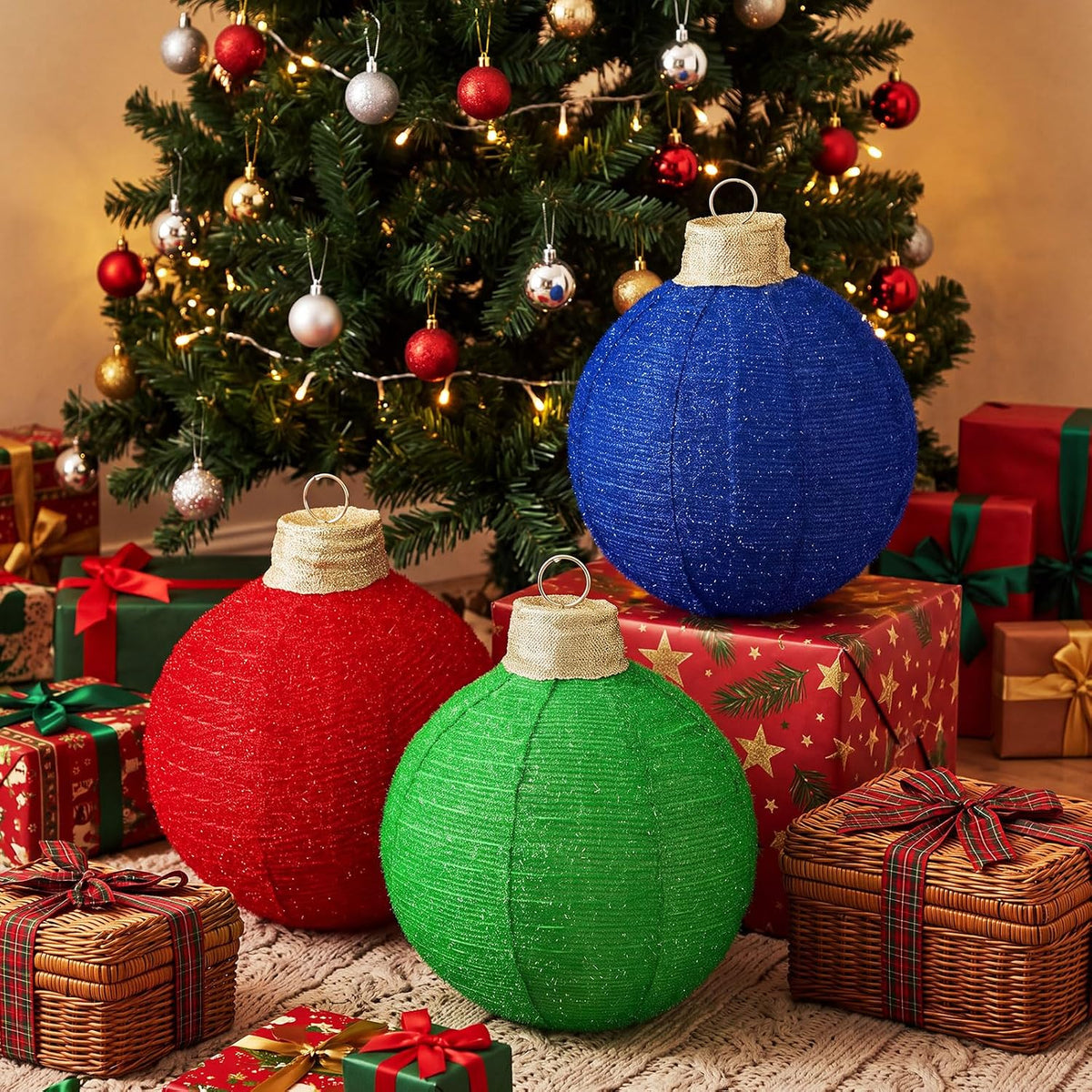 3 bolas de Navidad grandes de 12 pulgadas, adorno, purpurina, rojo,...