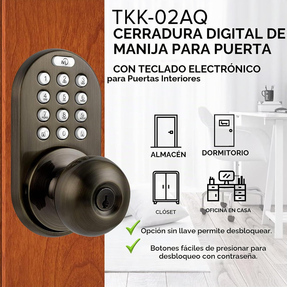 MiLocks TKK-02AQ - Pomo de puerta digital con teclado, cerradura de...