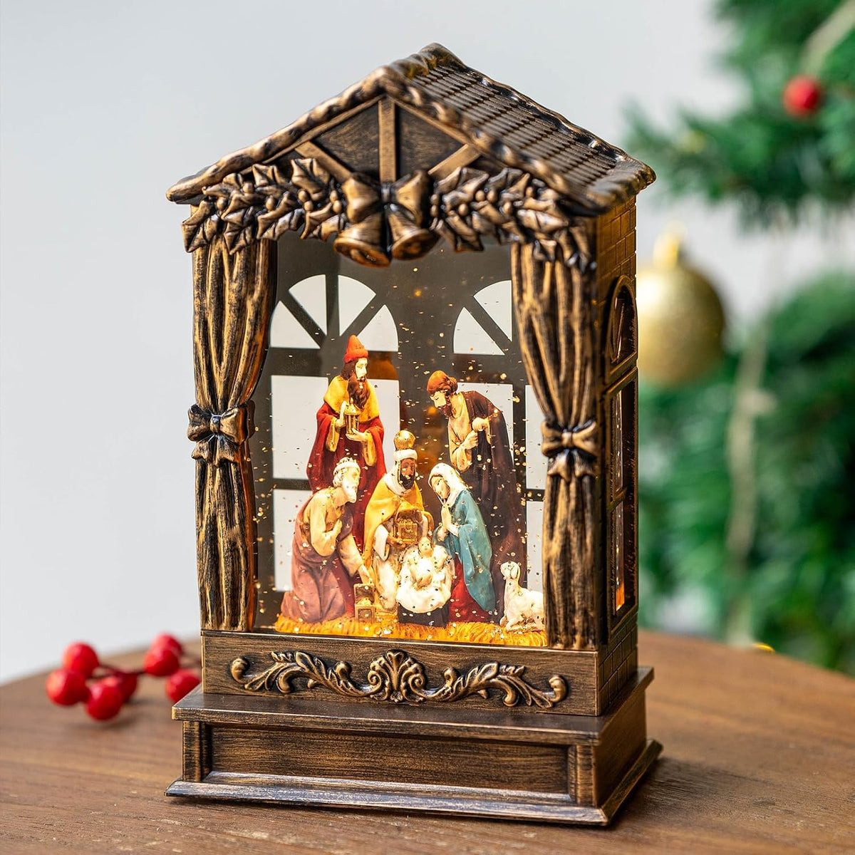 Nativity - Globo de nieve, linterna de Navidad iluminada musical co...