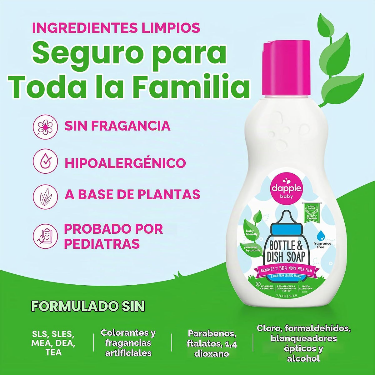 Dapple Baby - Jabón para botellas y platos sin fragancia, 3 onzas l...