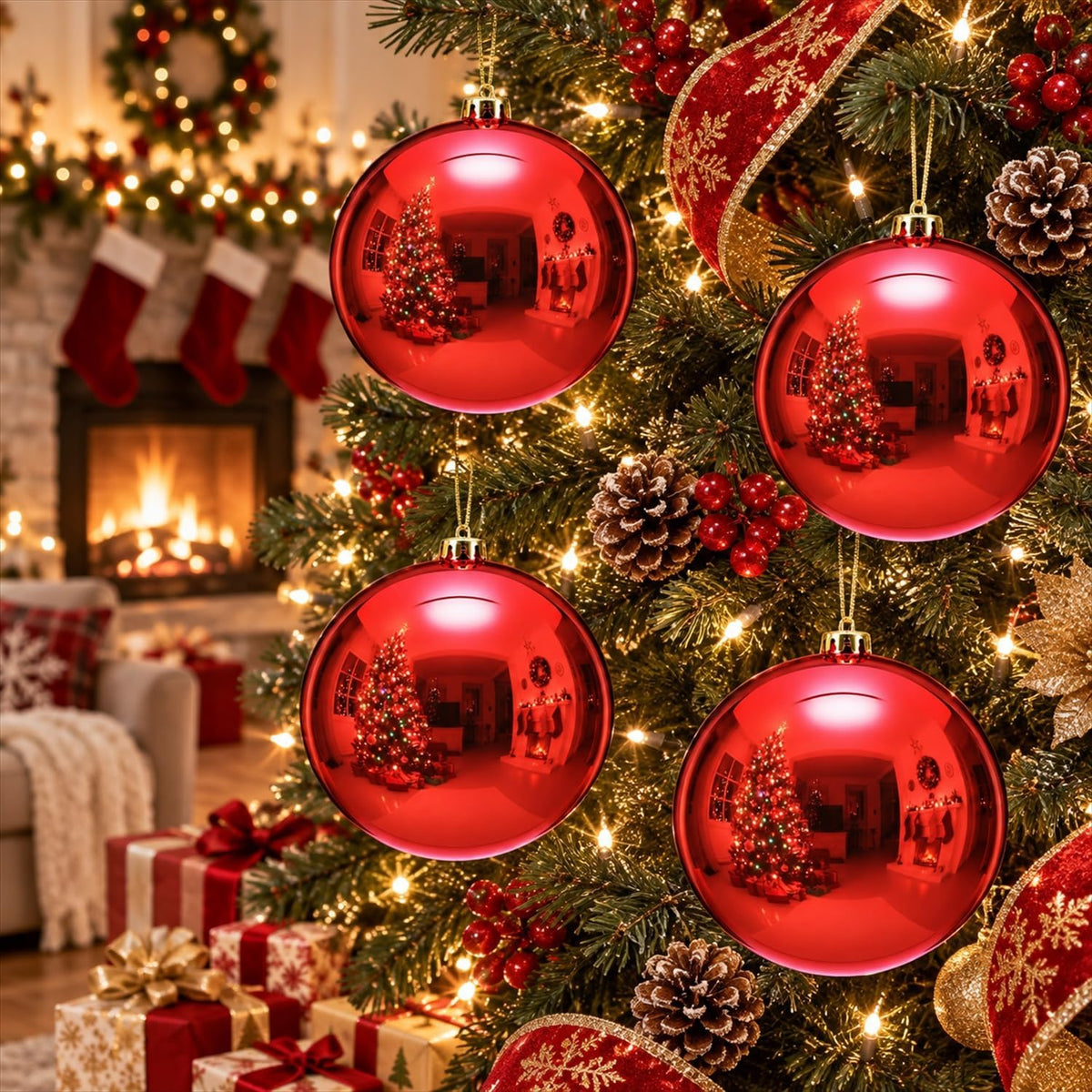 Zubebe - 4 bolas grandes de adornos de Navidad rojos brillantes de...