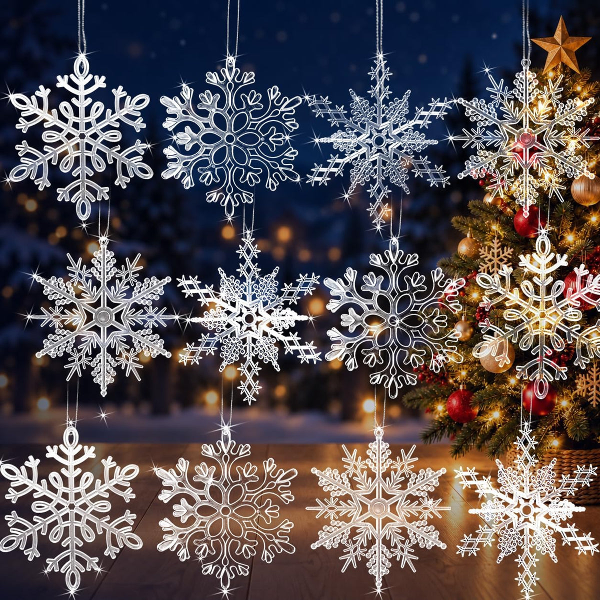 12 adornos grandes de copos de nieve transparentes de 12 pulgadas c...
