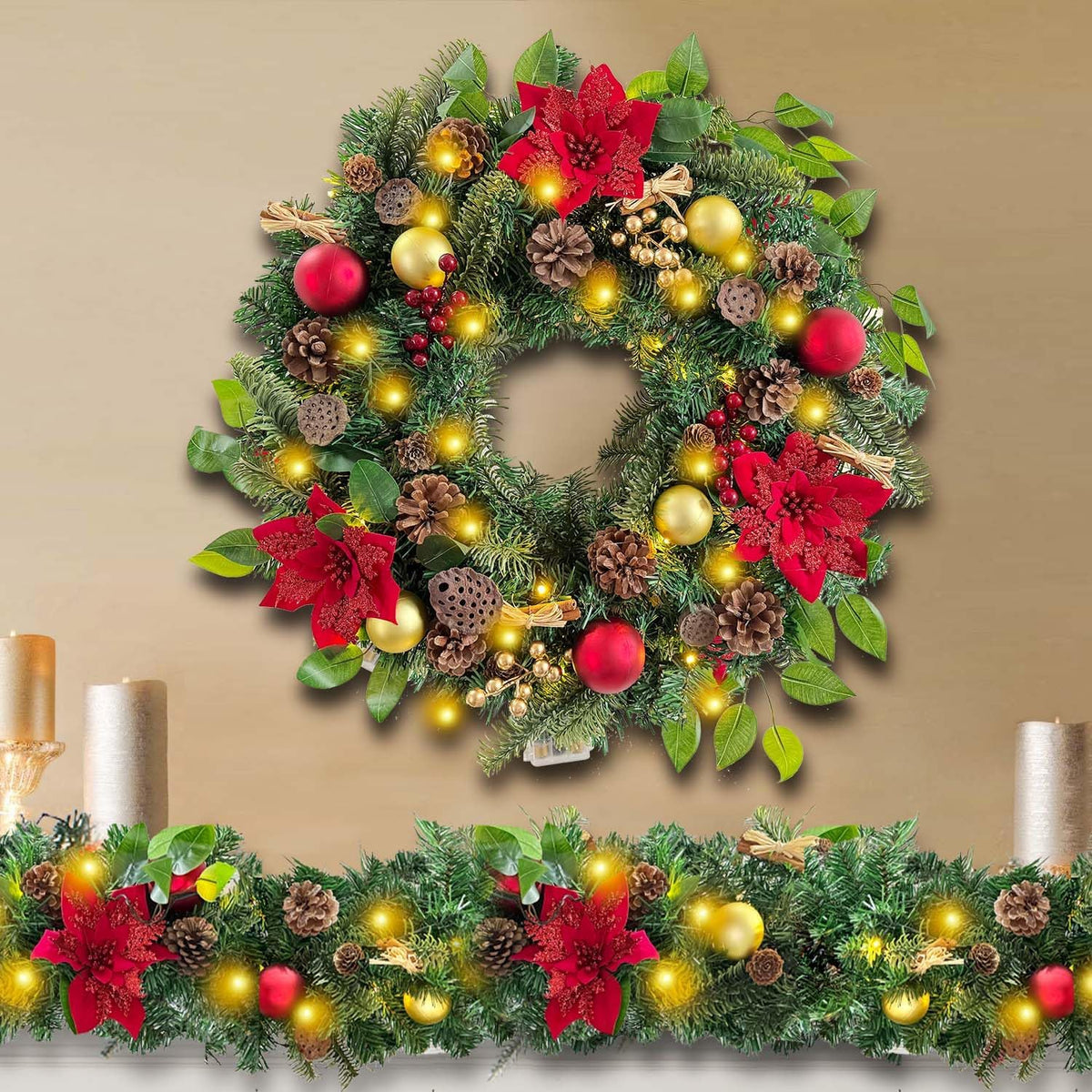 WANNA-CUL Guirnalda de Navidad de oro rojo preiluminada de 6 pies c...