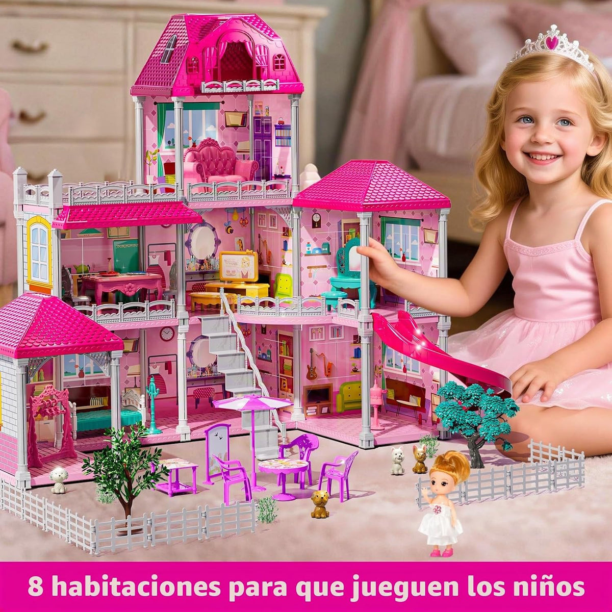 JUKUDAHU Juego de villa para niñas de 3 a 7 años, 3 pisos, 8 habita...