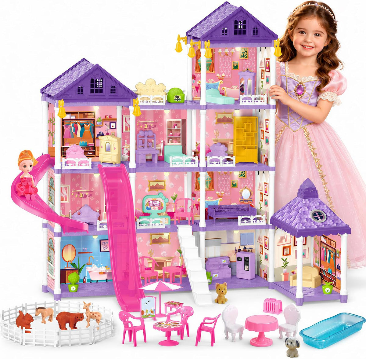 KLADNDER Casa de muñecas, juego de casa de muñecas de 4 pisos y 11...