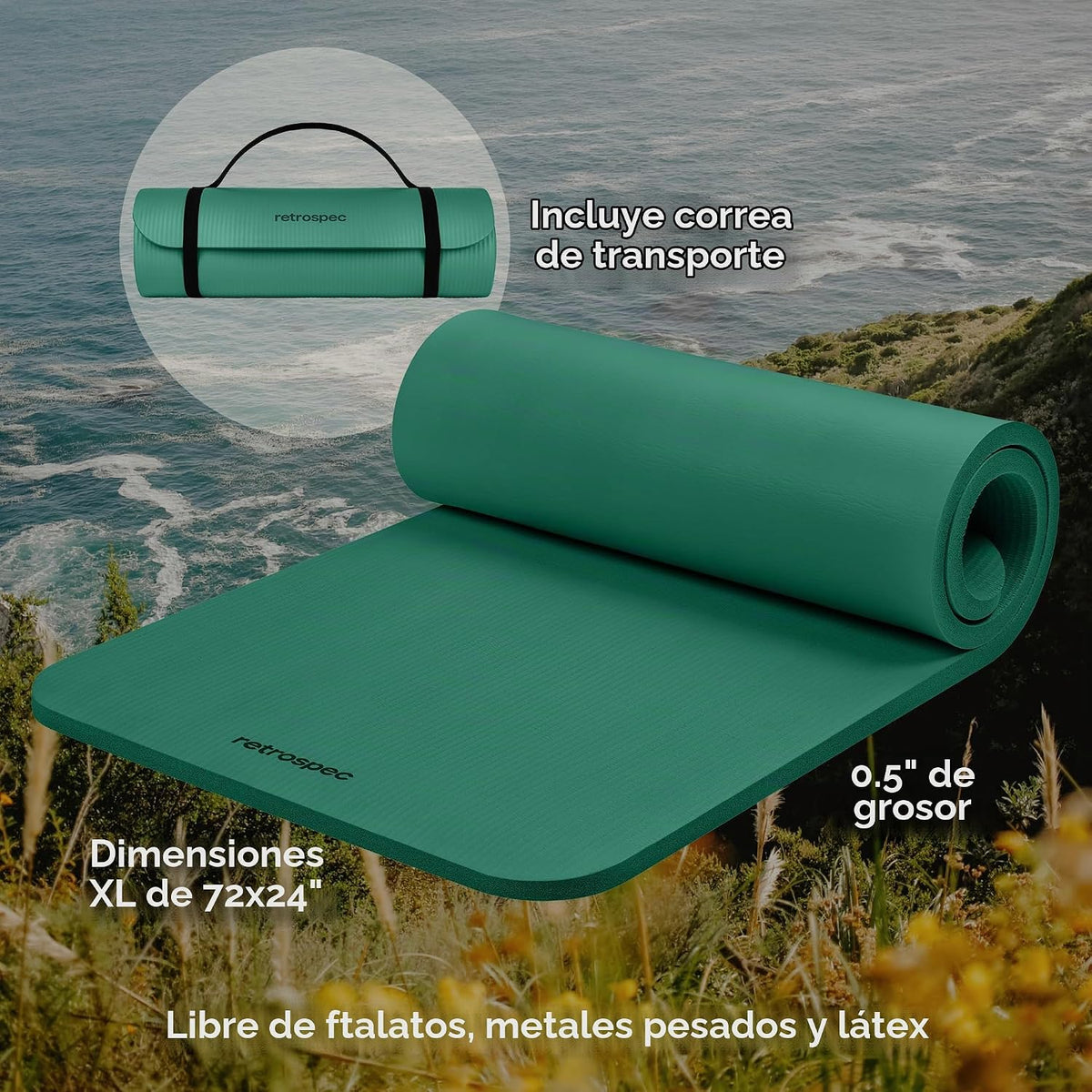 Retrospec Solana - Tapete de yoga grueso de 1\/2 pulgada antidesliz...
