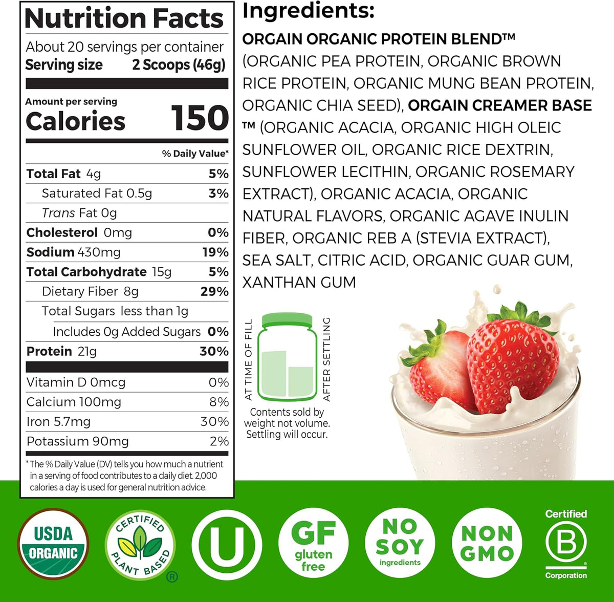 Orgain Proteína en polvo vegana orgánica de 0.74 oz, fresas y crema...