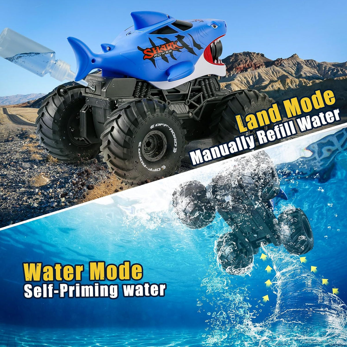 BOBXIN Anfibio Control Remoto Coche Tiburón Monster Truck Chorro Ag...