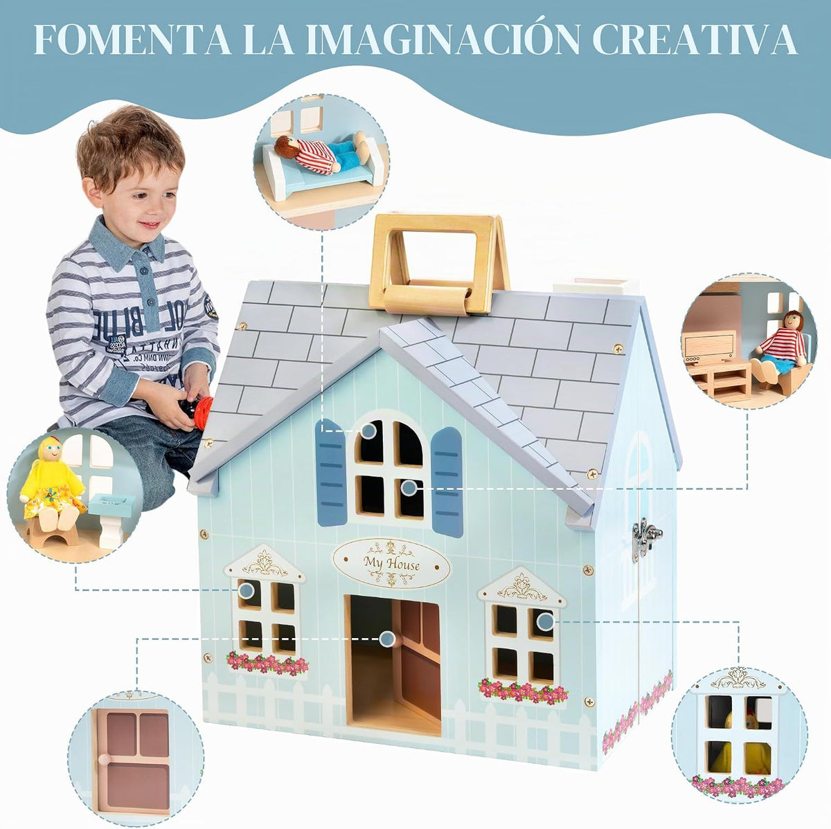 WOODMAM Casa de muñecas plegable de madera con muebles, muñecas y j...