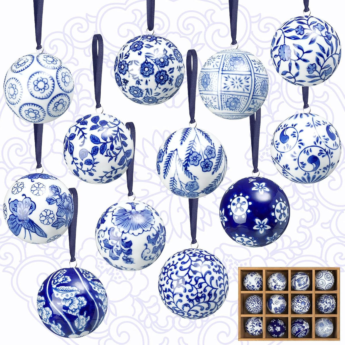 Cindeer - 12 bolas de porcelana de Navidad azules y blancas, estilo...