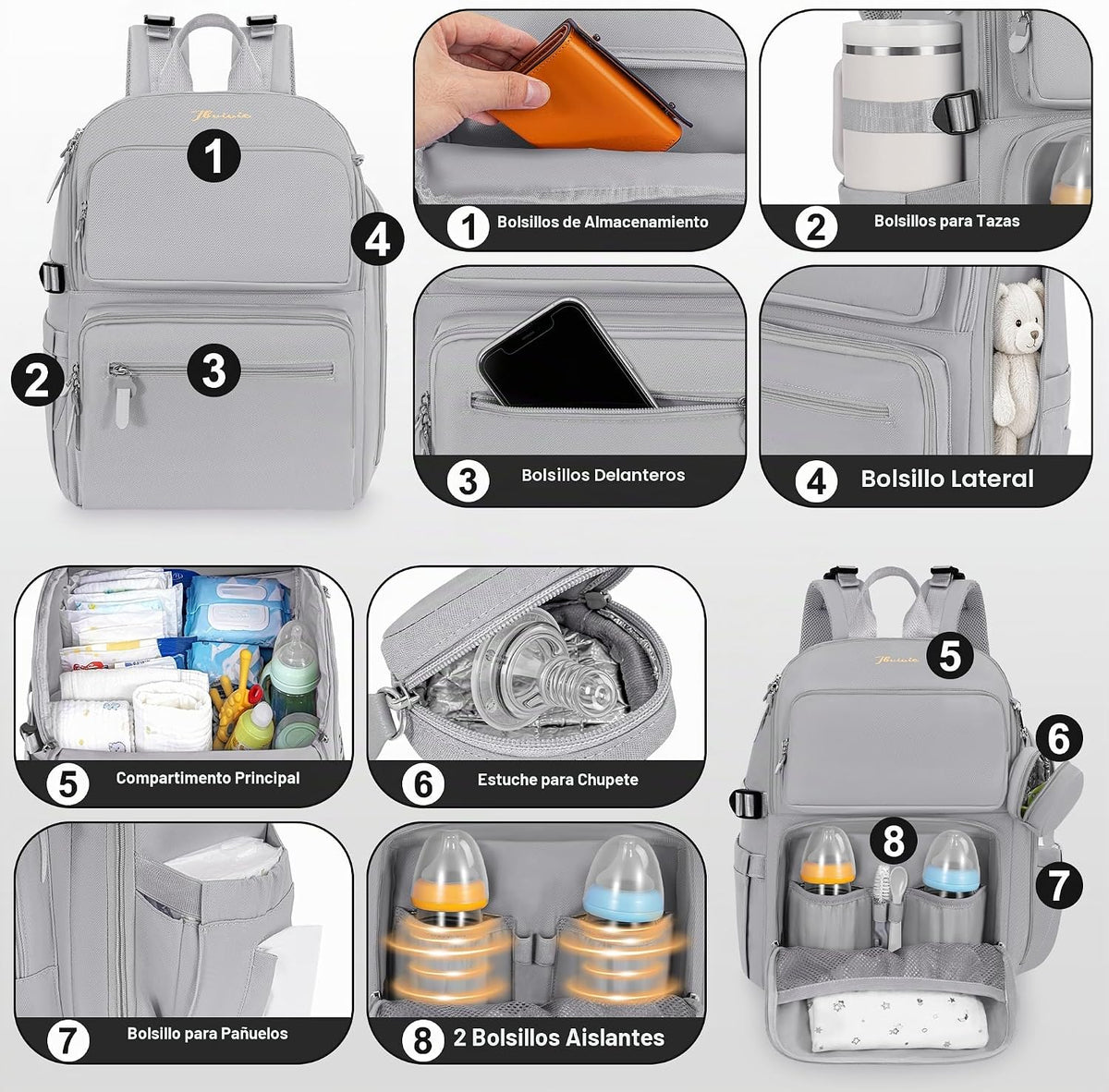 IBVIVIC Mochila para pañales con cambiador portátil, gris suave | B...