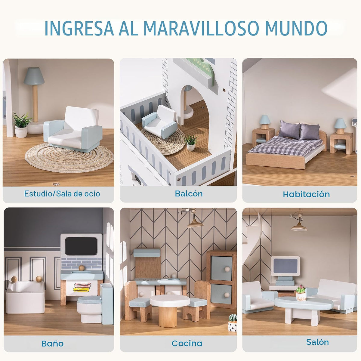 ROBOTIME - Casa de muñecas de madera con 29 muebles, 6 habitaciones...