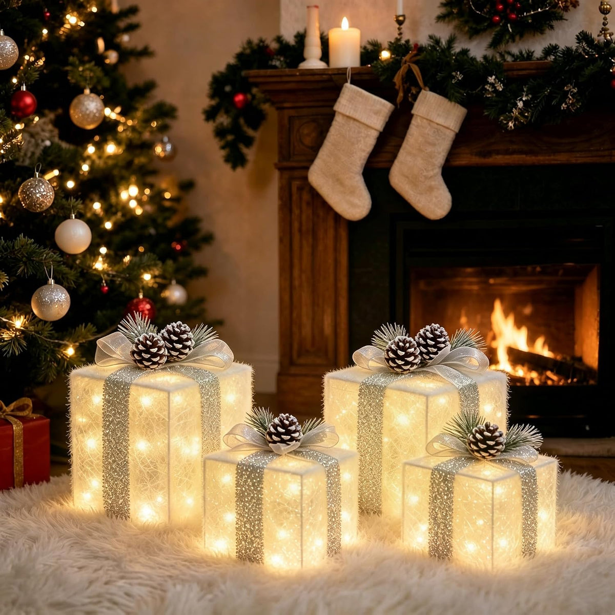Juego de 4 cajas de regalo iluminadas de Navidad, decoración navide...