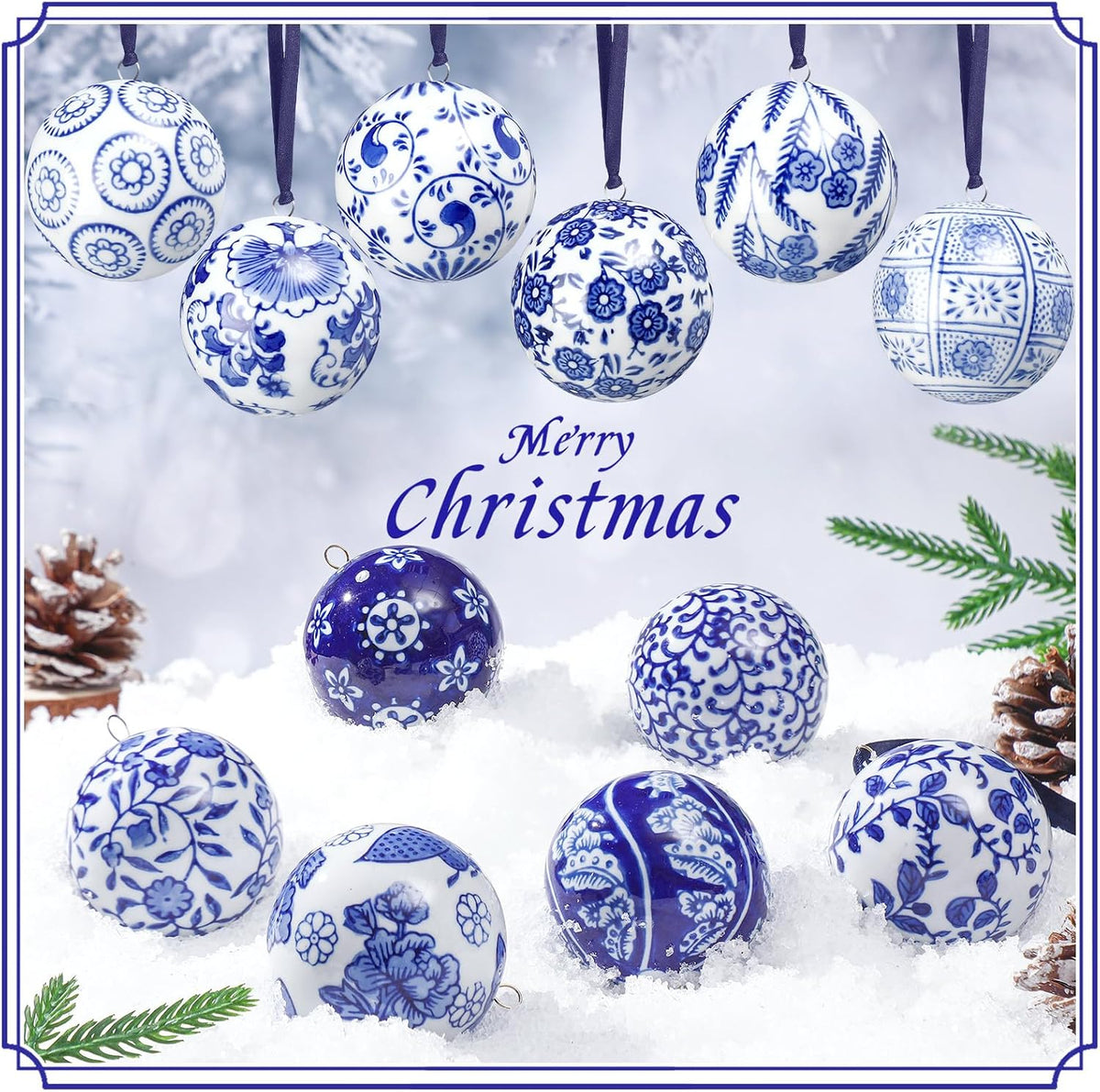 Cindeer - 12 bolas de porcelana de Navidad azules y blancas, estilo...