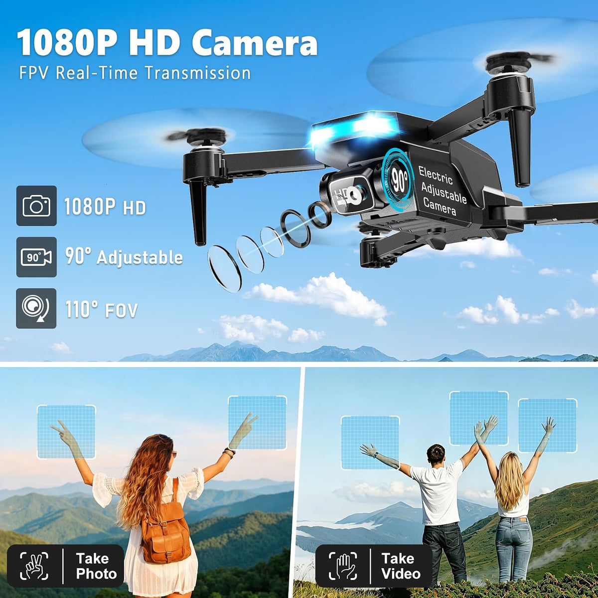 Drone con cámara y pantalla en el controlador, dron plegable 1080P...