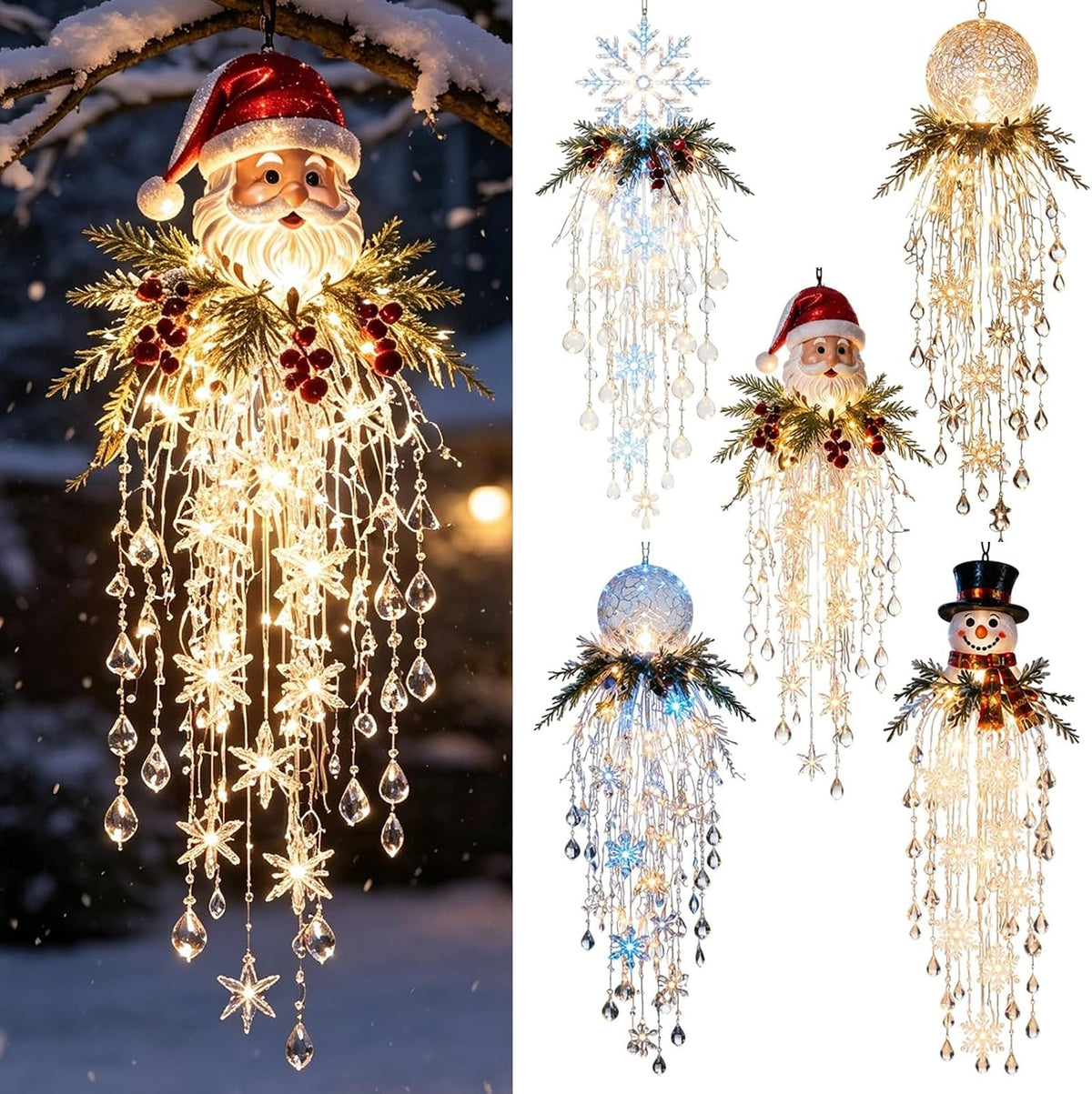 Luz de Navidad en cascada de cristal, copo de nieve colgante y deco...