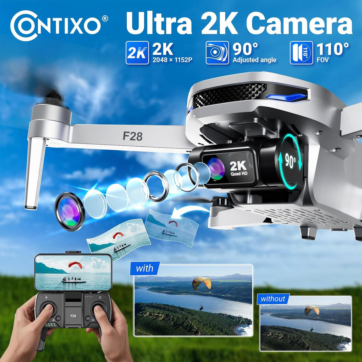 Contixo Dron GPS F28 con cámara para adultos principiantes, dron FP...