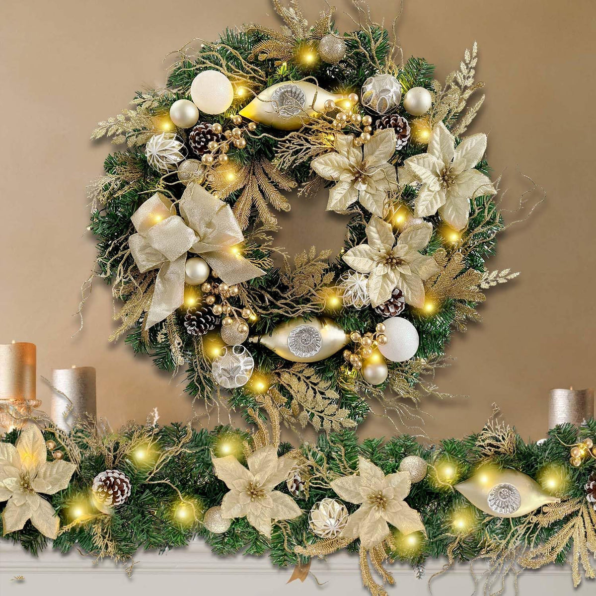 WANNA-CUL Corona de Navidad preiluminada de 61 cm para puerta princ...