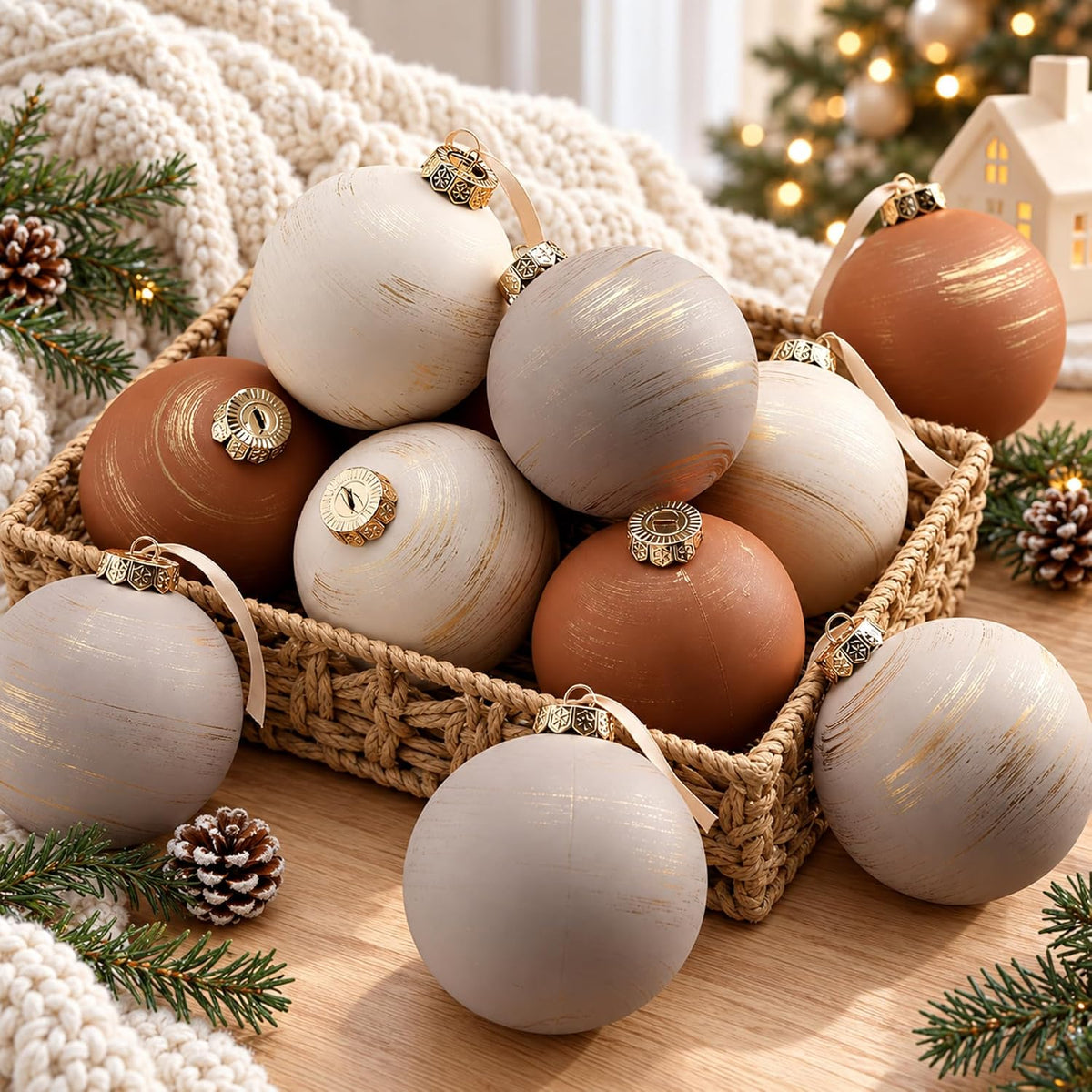 Yunlly - 12 adornos de Navidad neutros 2026, color beige marfil car...