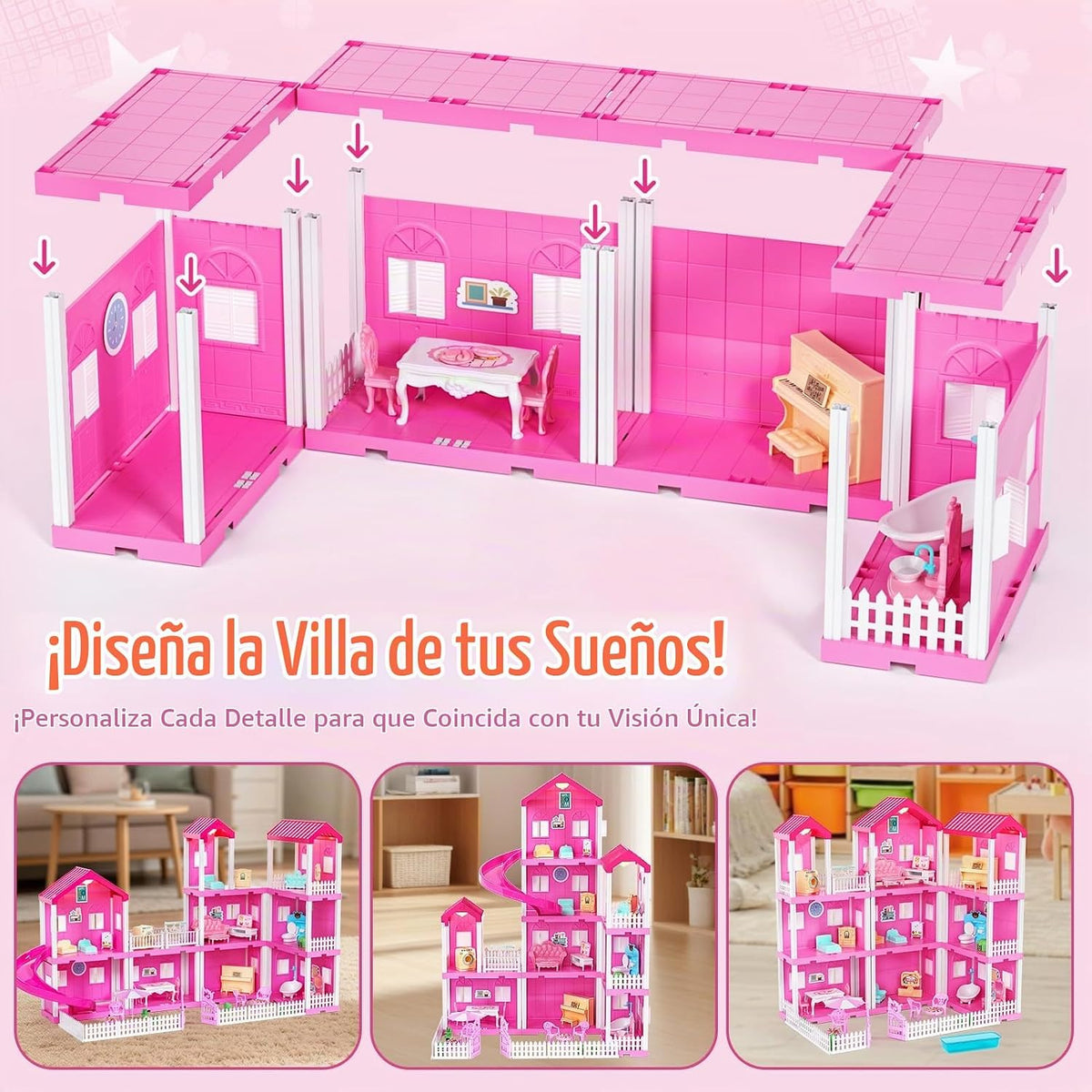 TUZT Casa de muñecas de 4 pisos con piscina y tobogán, figuras de j...