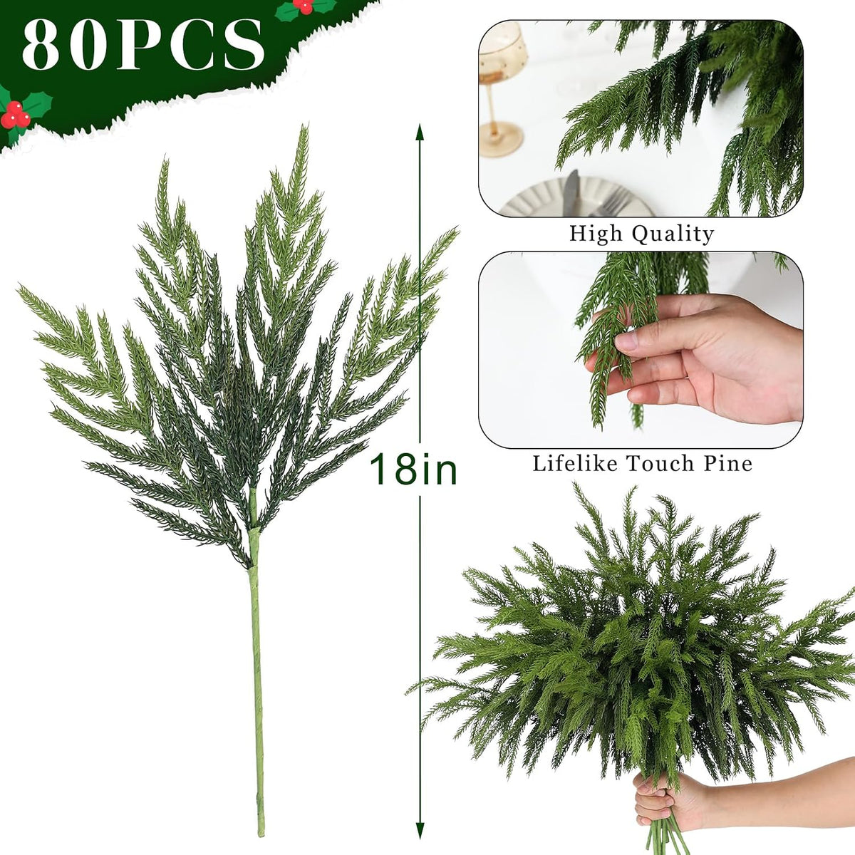 80 ramas de pino Norfolk de Navidad, de 18 pulgadas, de tacto real,...