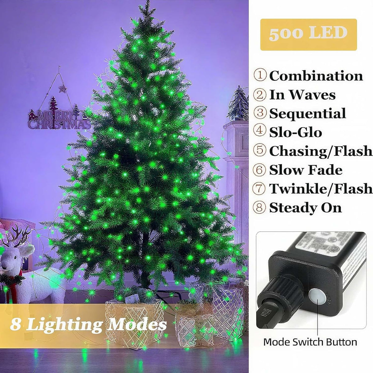 Tcamp 500 luces LED verdes de Navidad de 164 pies, 8 modos, tempori...