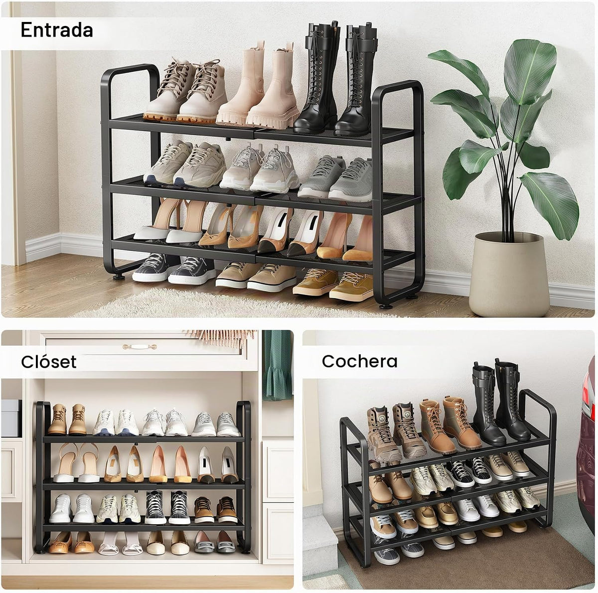 Zapatero de metal expandible para armario, entrada y garaje, 3 nive...