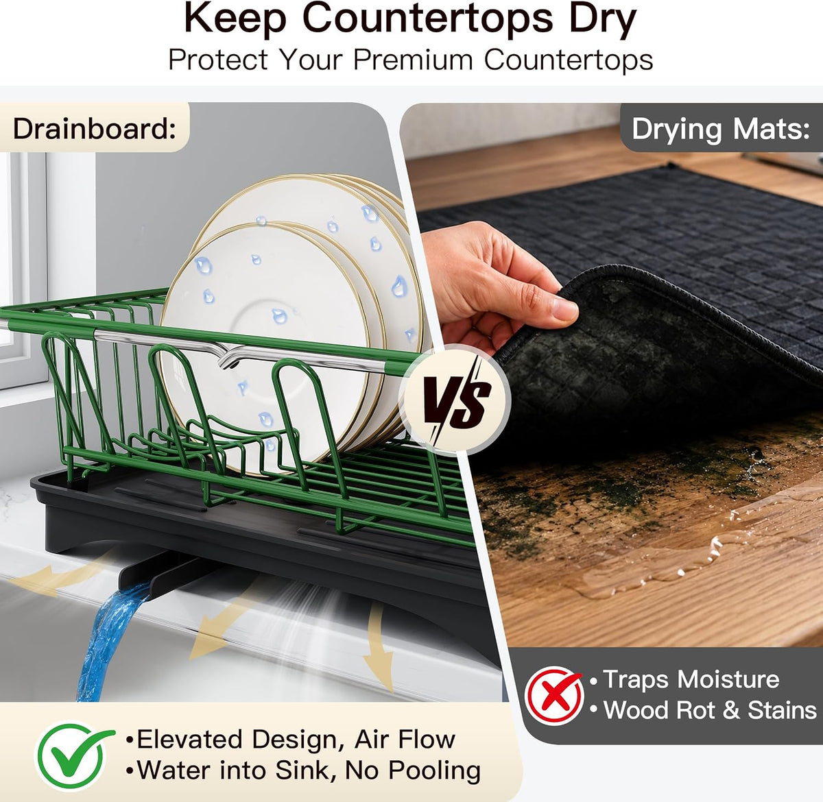 JASIWAY Escurridor de platos verde en fregadero con escurridor y so...