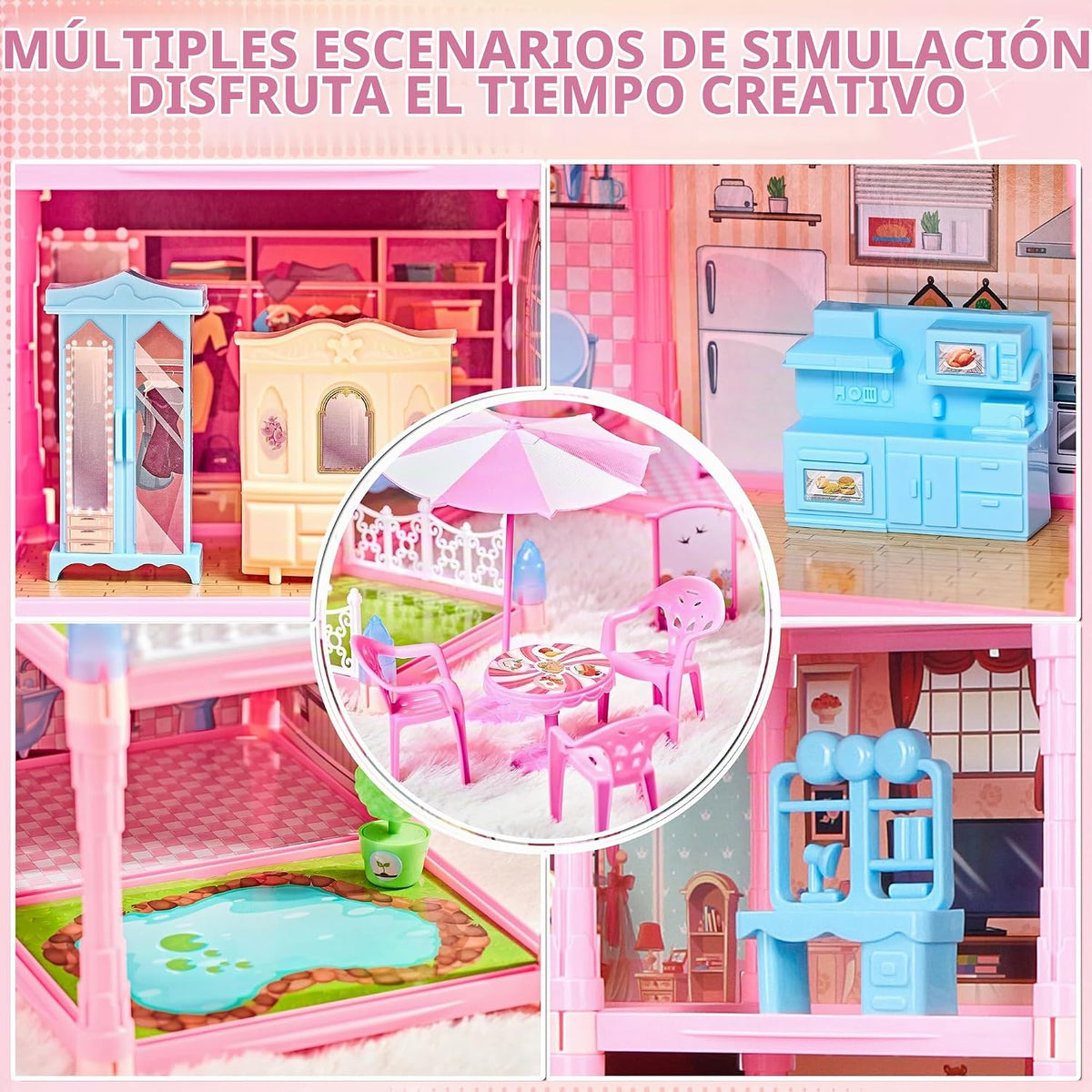 Seifar Casa de Muñecas para Niñas, 4 Pisos, 13 Habitaciones, 3 Muñe...