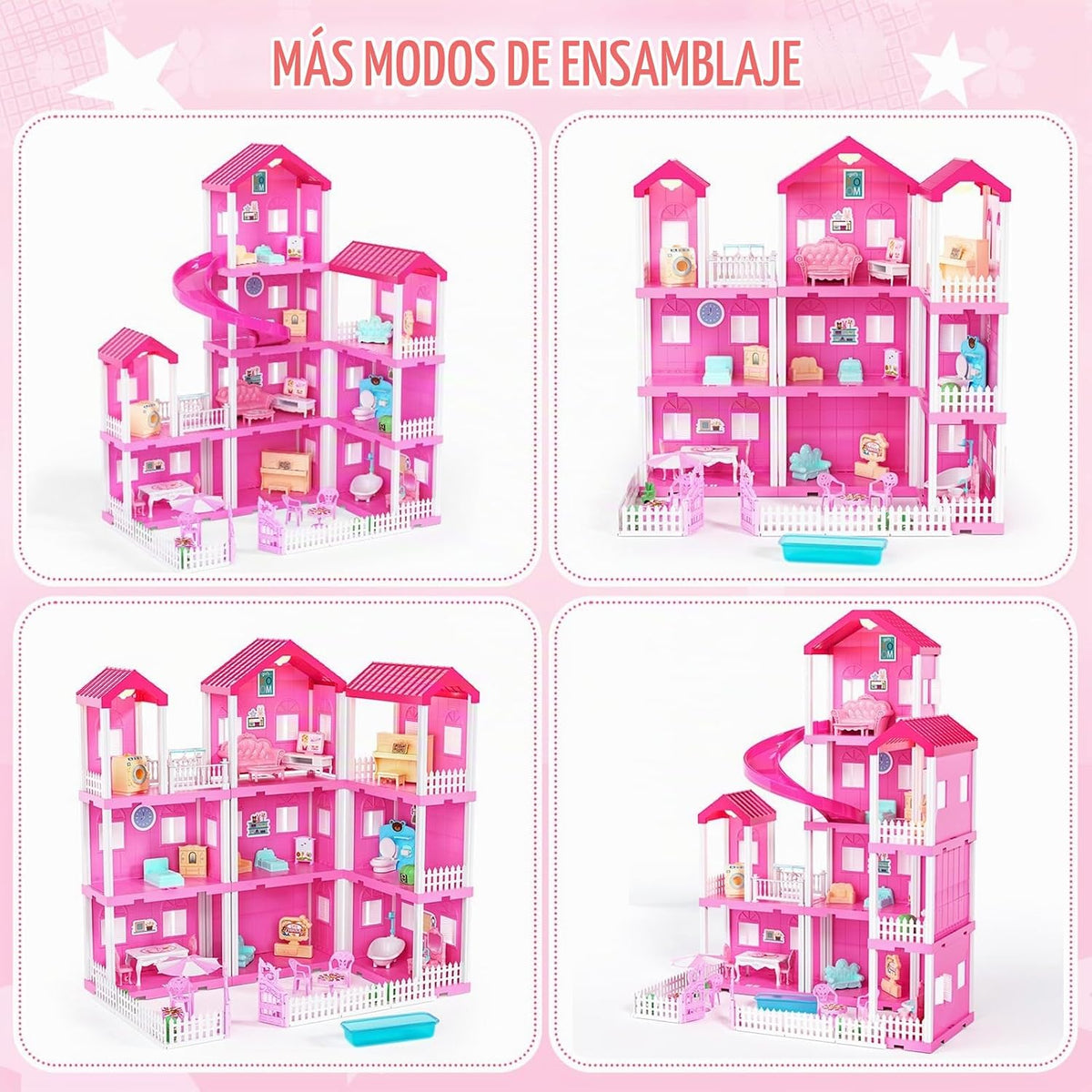 TUZT Casa de muñecas de 4 pisos con piscina y tobogán, figuras de j...