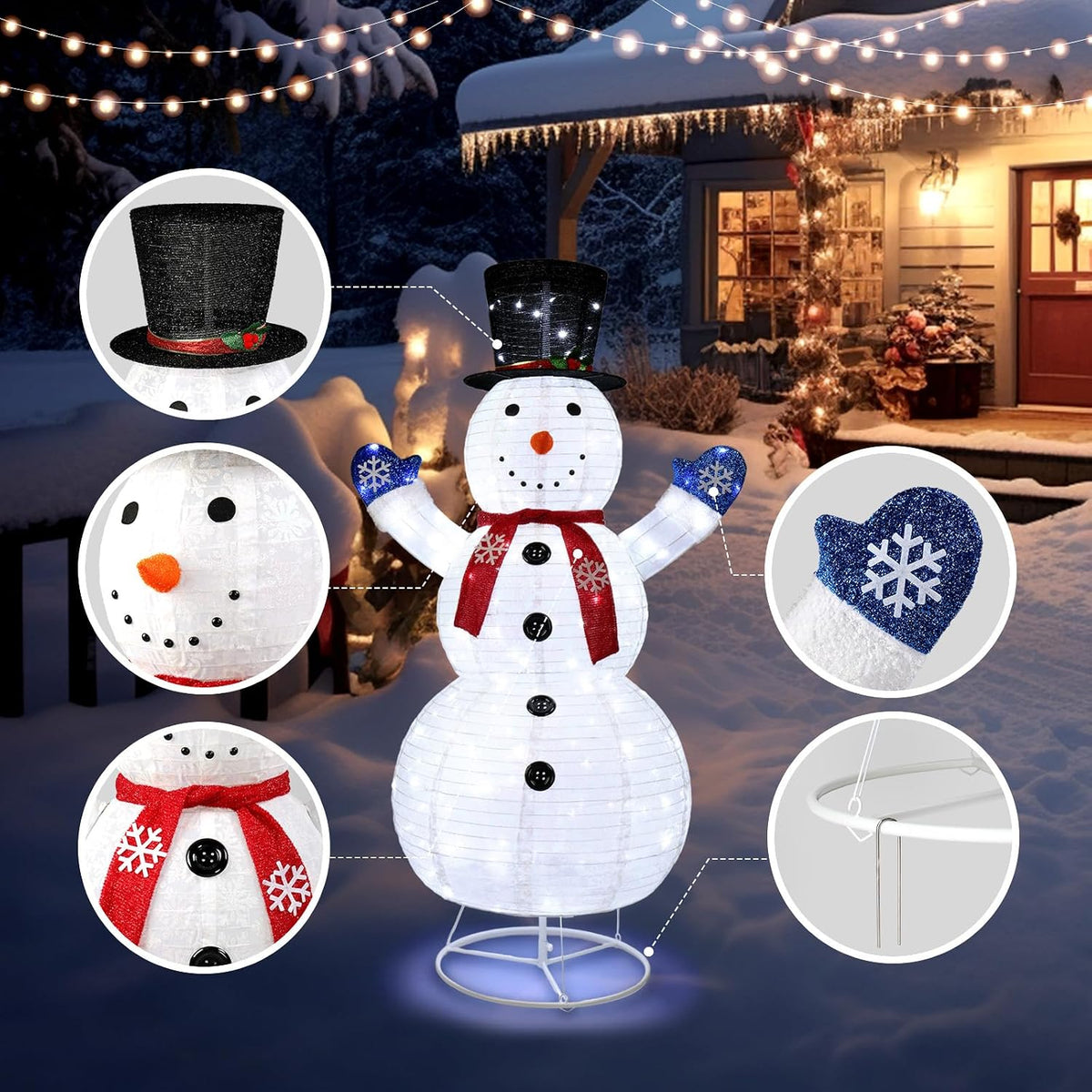 VINGLI Muñeco de nieve iluminado de 6 pies, 200 luces LED blancas c...