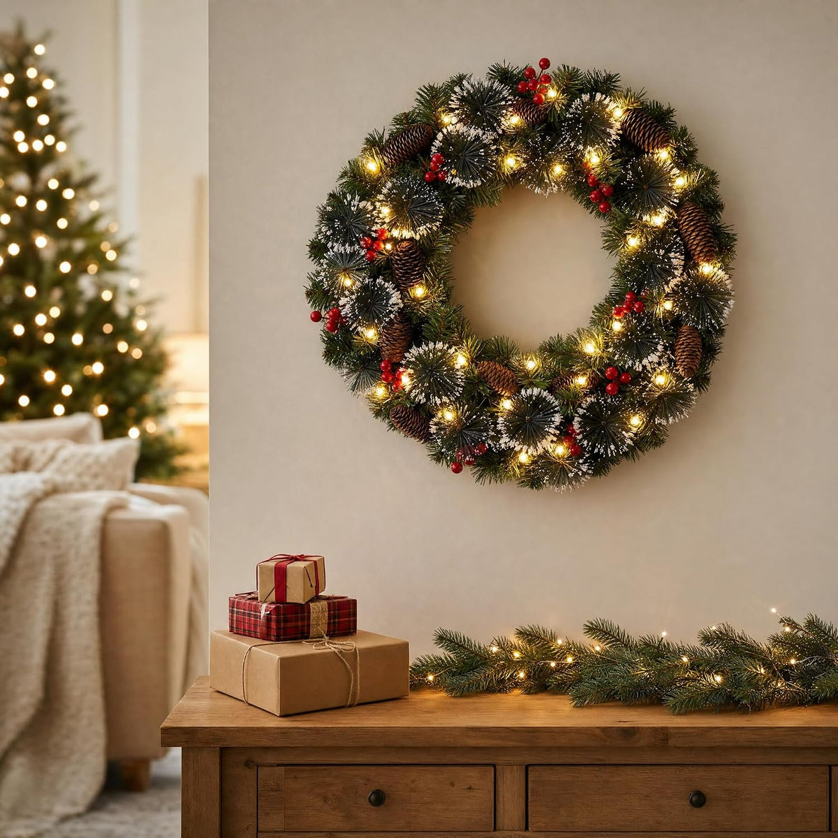 Aptliton Corona de Navidad iluminada de 18 pulgadas, 30 luces LED p...