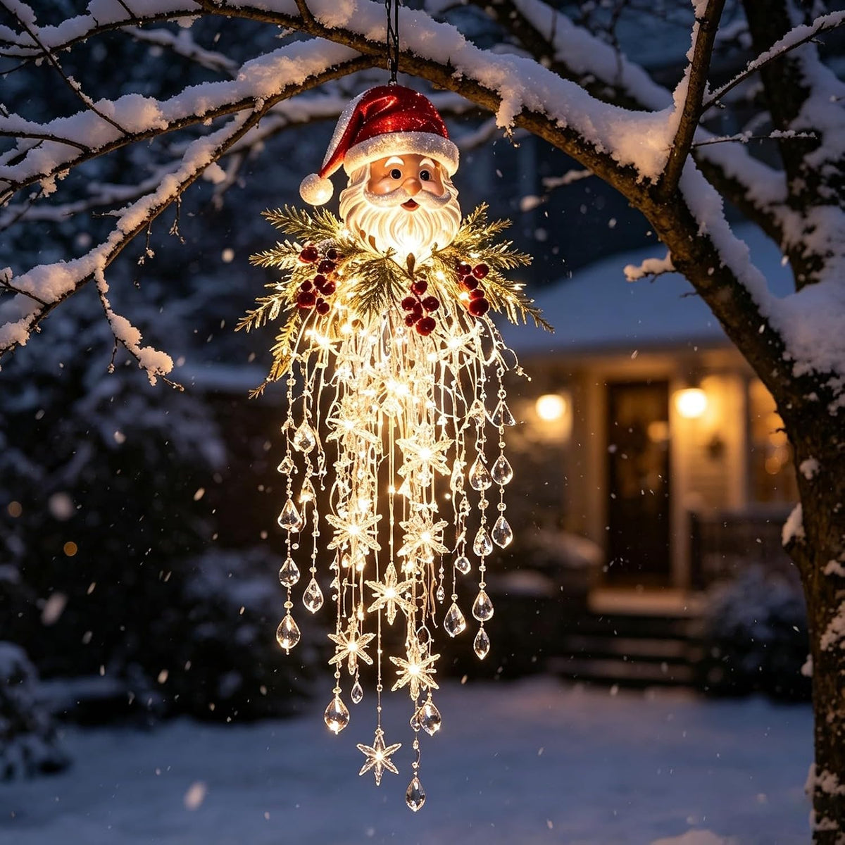 Luz de Navidad en cascada de cristal, copo de nieve colgante y deco...