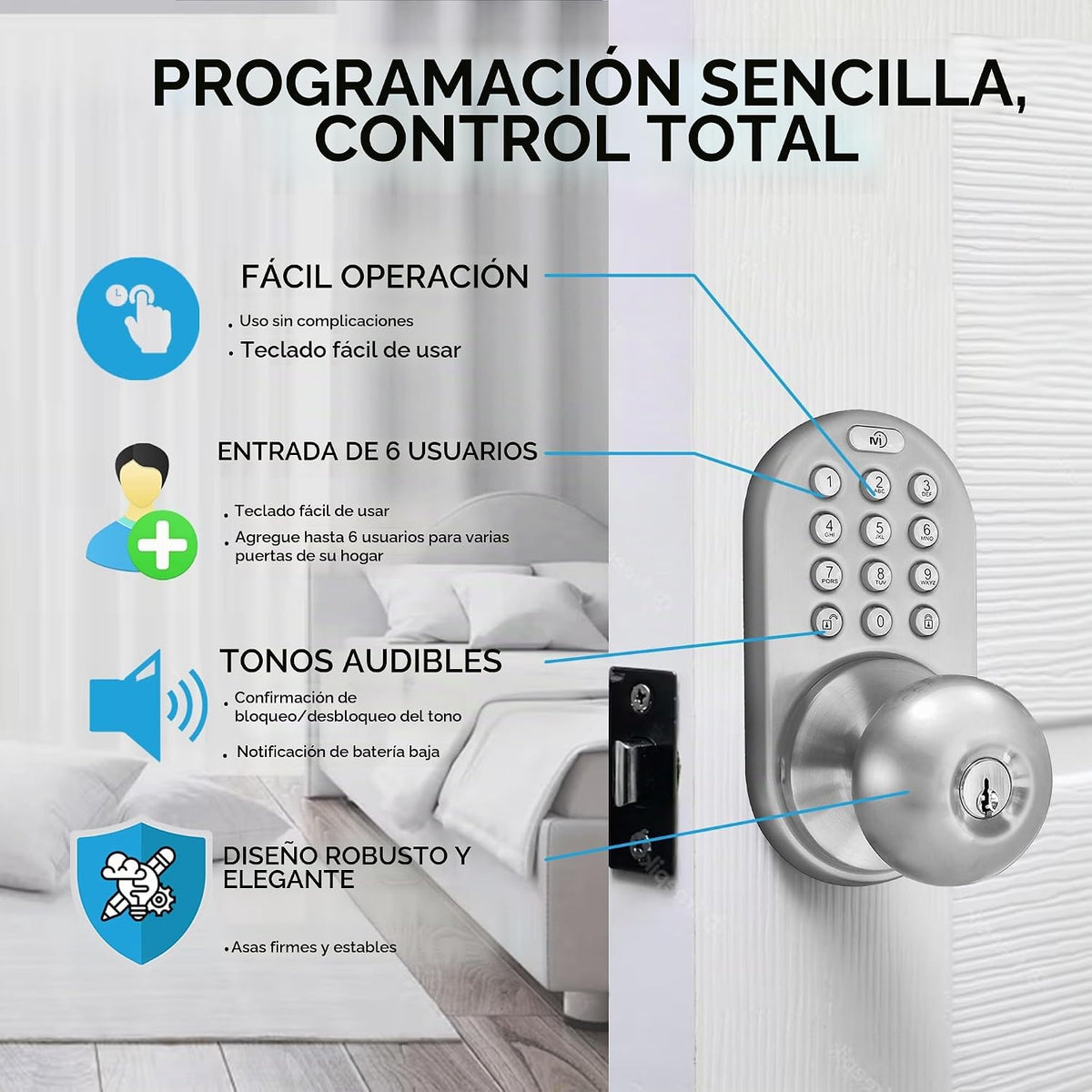 MiLocks TKK-02SN - Pomo digital de puerta con teclado, cerradura de...
