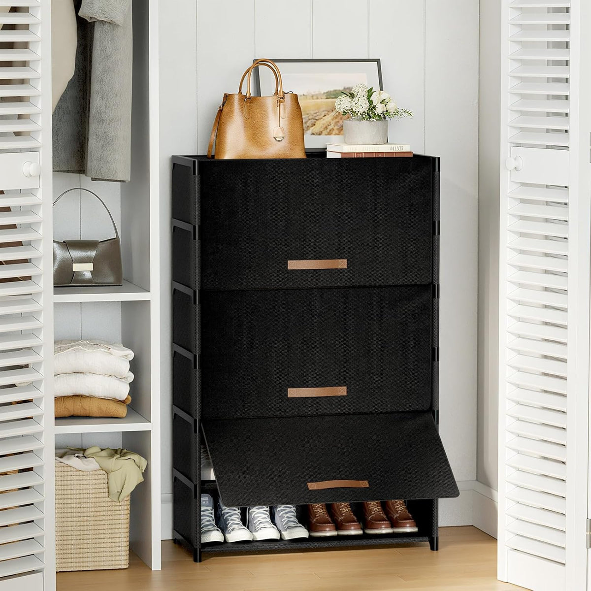 UNITSTAGE Zapatero de 7 niveles con puerta, almacenamiento de 28 pa...