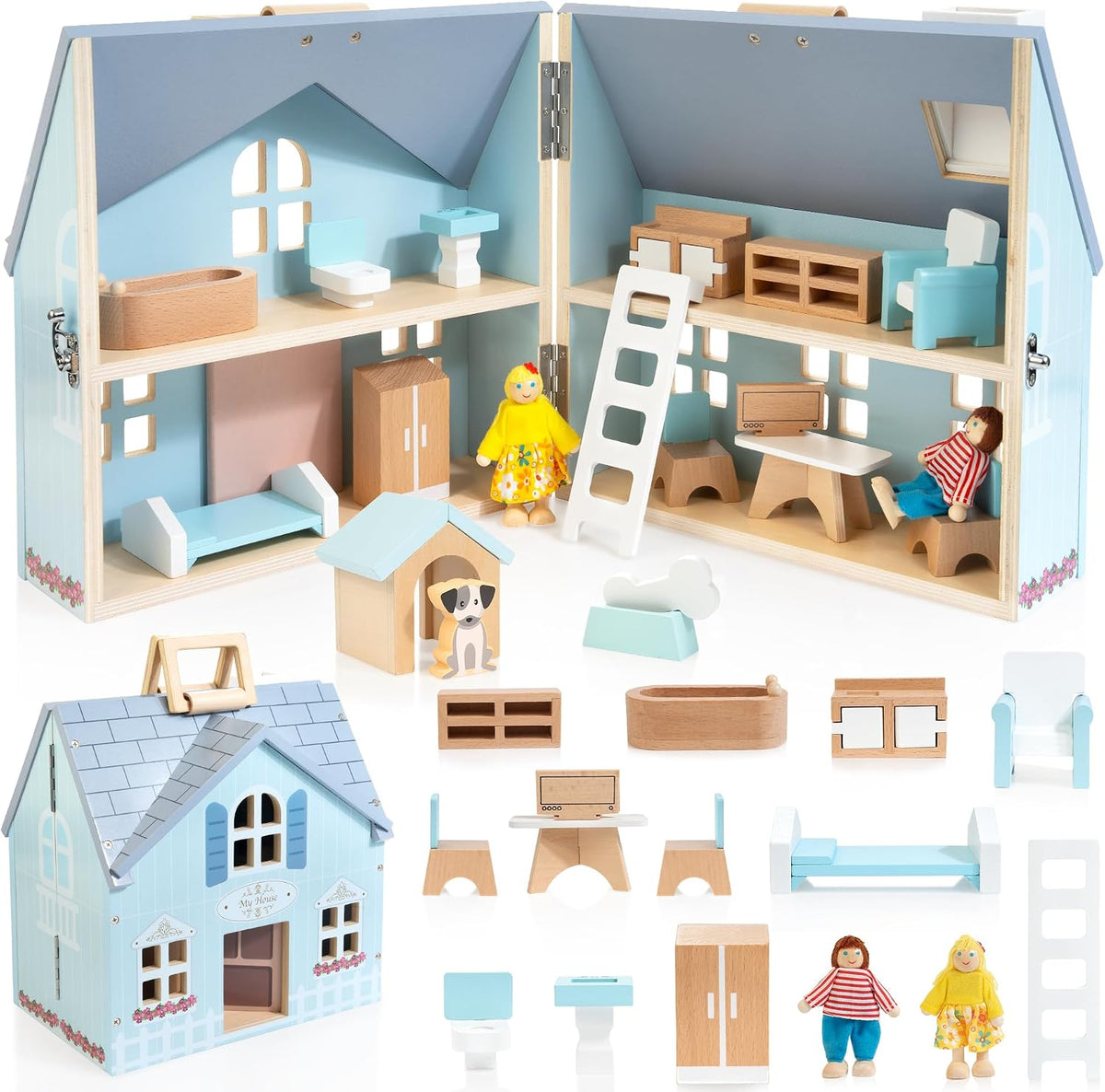 WOODMAM Casa de muñecas plegable de madera con muebles, muñecas y j...