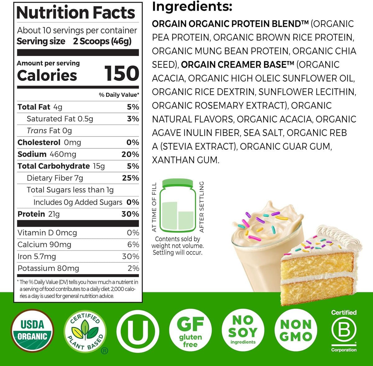 Orgain Proteína en polvo vegana orgánica de 0.74 oz, pastel de cump...