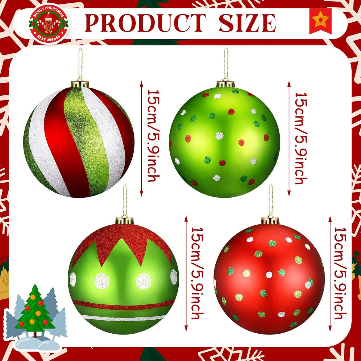 Tigeen - 4 bolas de Navidad grandes de 6 pulgadas, color rojo | Ado...