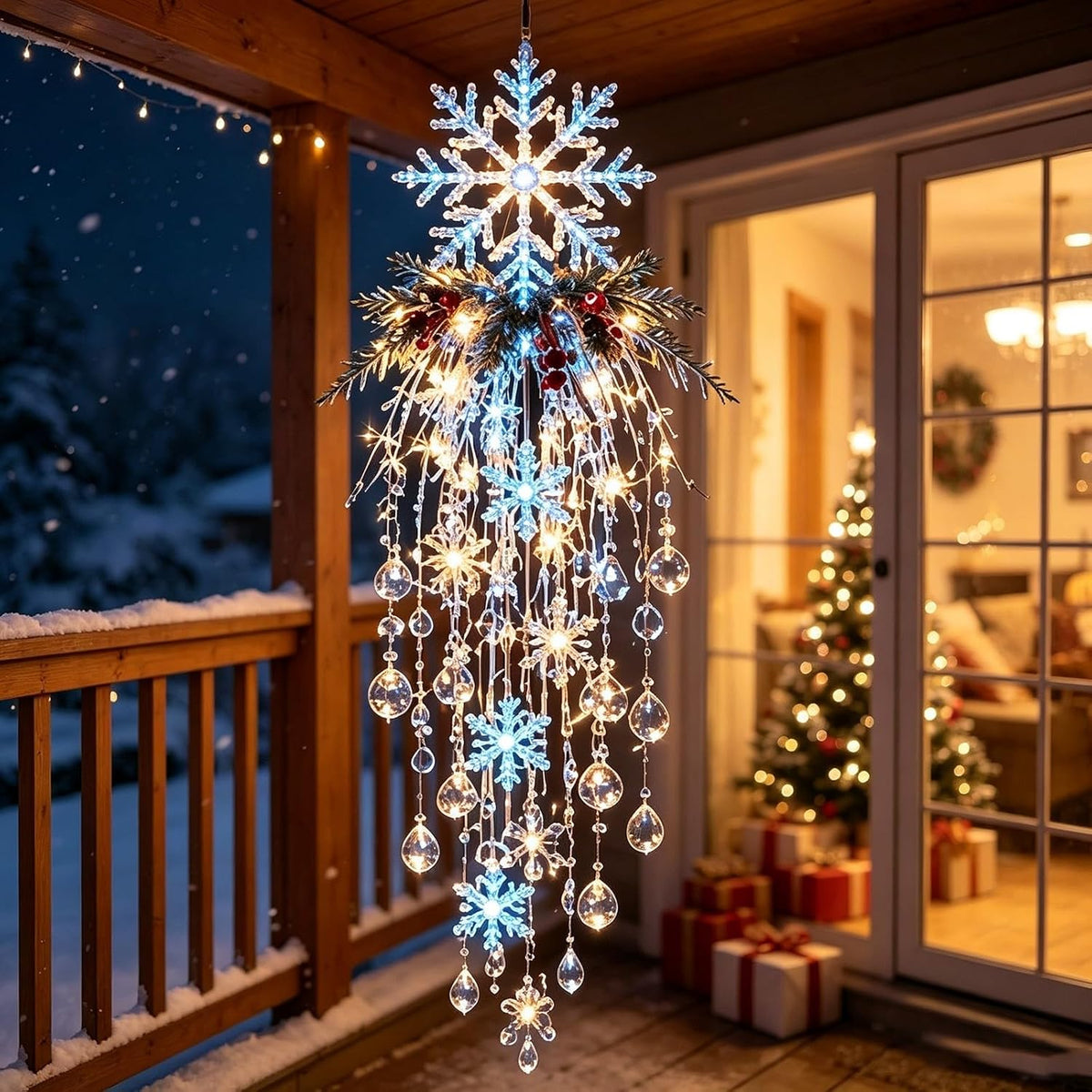 Luz de Navidad en cascada de cristal, copo de nieve colgante y deco...