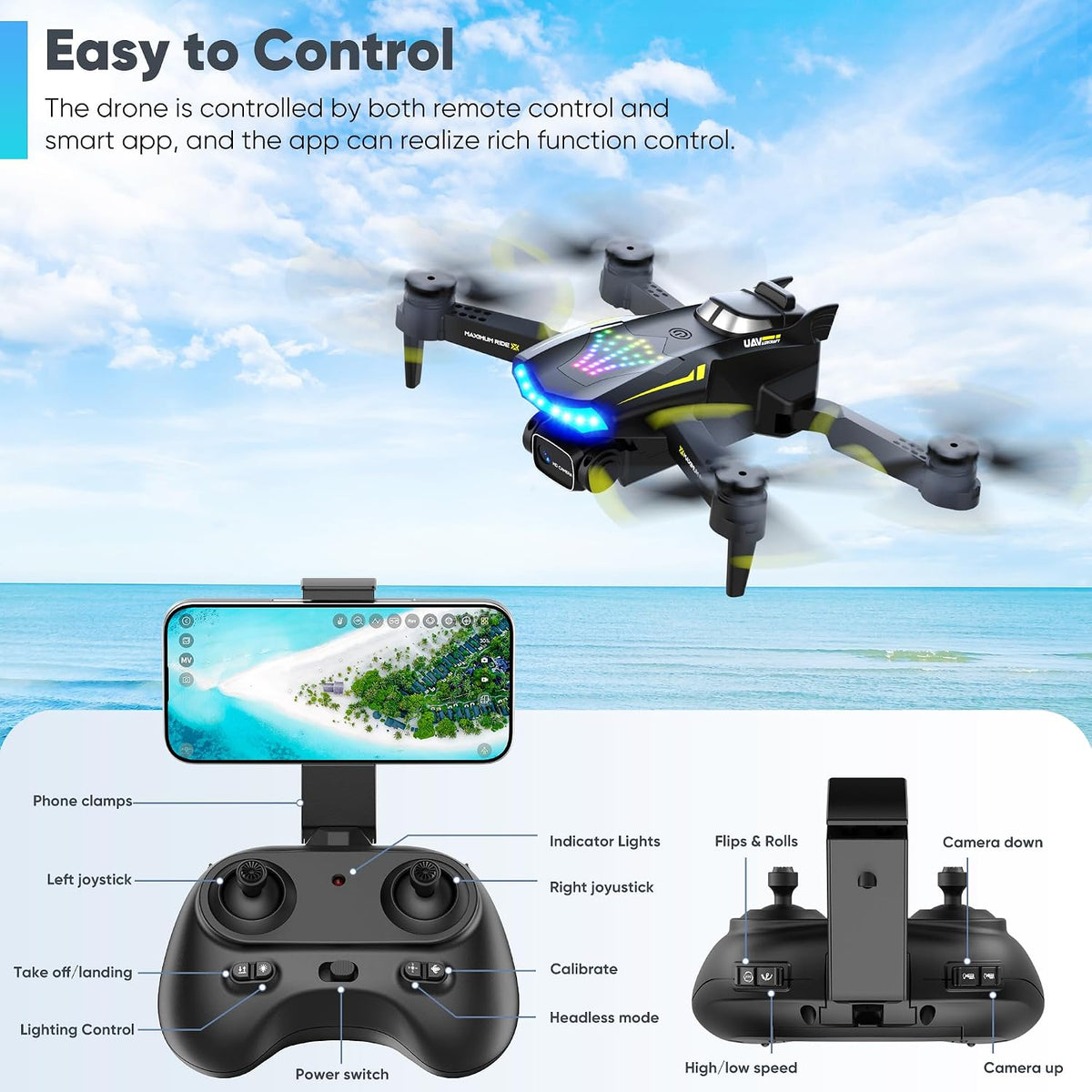 Drone con cámara y drone para niños con luces frías y 2 baterías |...