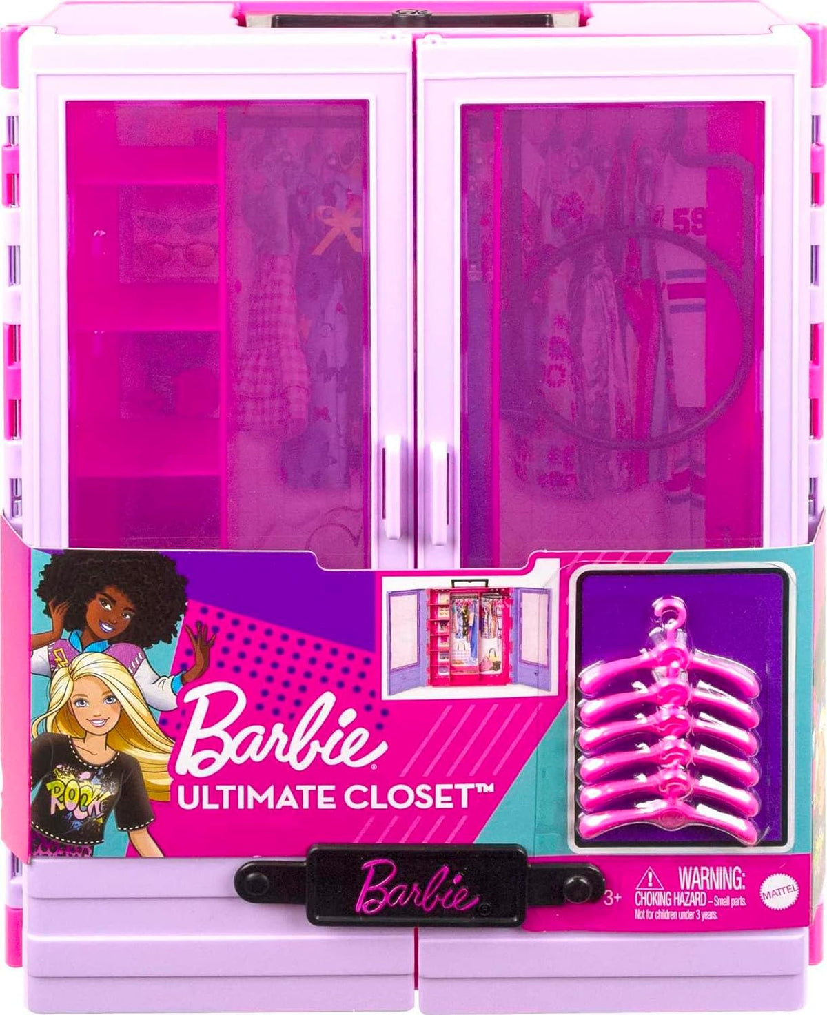 Barbie Armario con 6 hangares, accesorios con puertas translúcidas,...