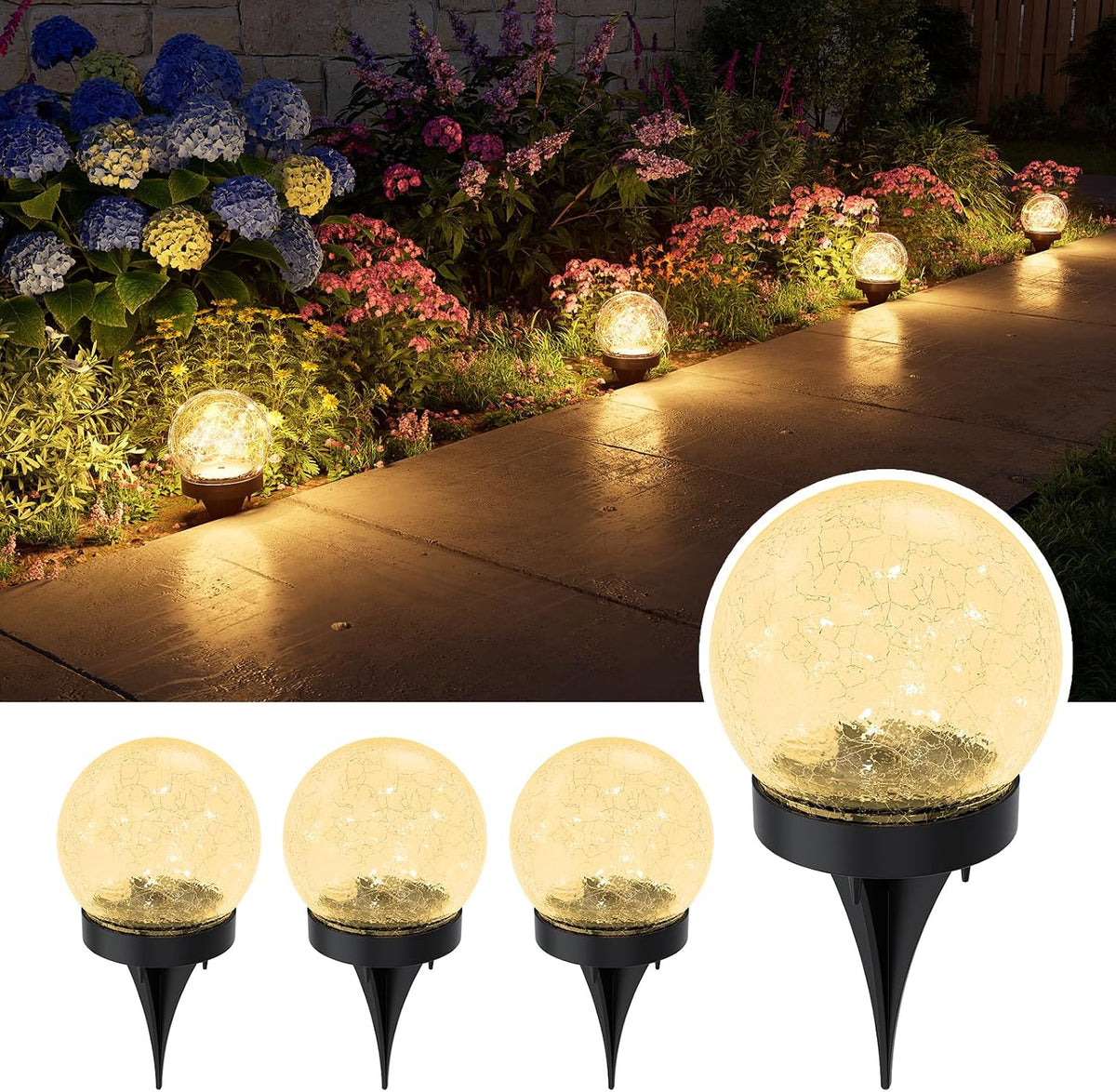 GVSHINE Paquete de 4 luces solares de globo de vidrio agrietado bla...