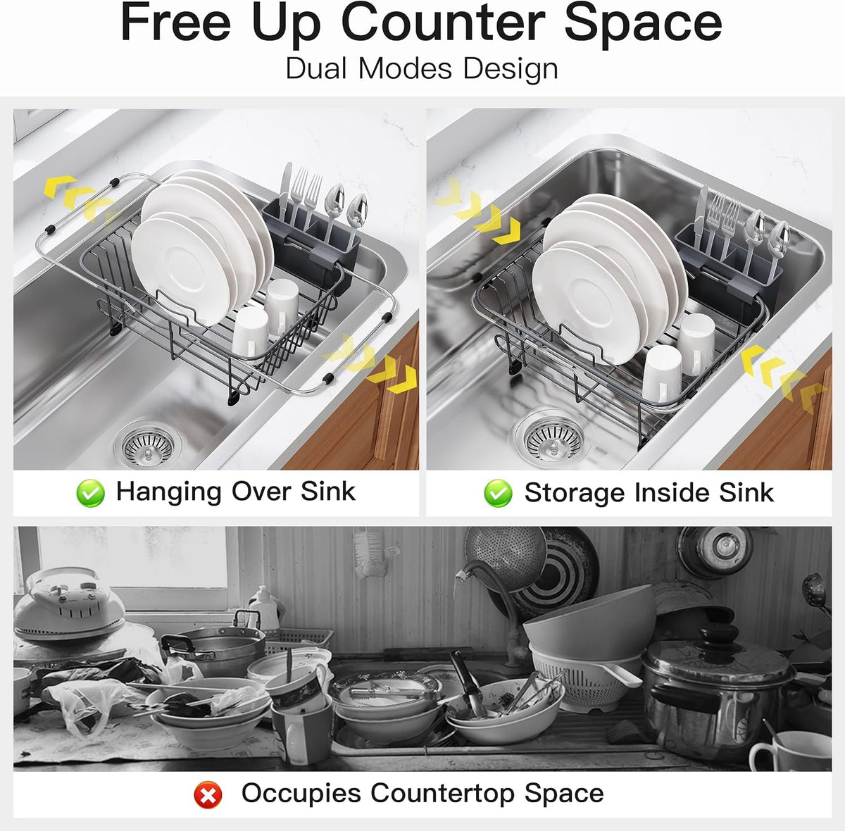 JASIWAY Escurridor de platos gris en fregadero con soporte para ute...