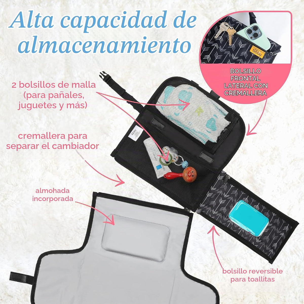 Kopi Baby Cambiador de pañales portátil, bolsillo de toallitas, fle...