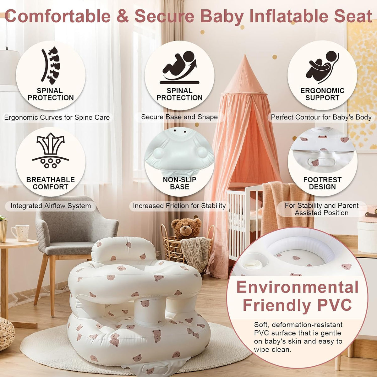 Asiento inflable para bebé de 3 a 36 meses, silla de bebé con cerca...