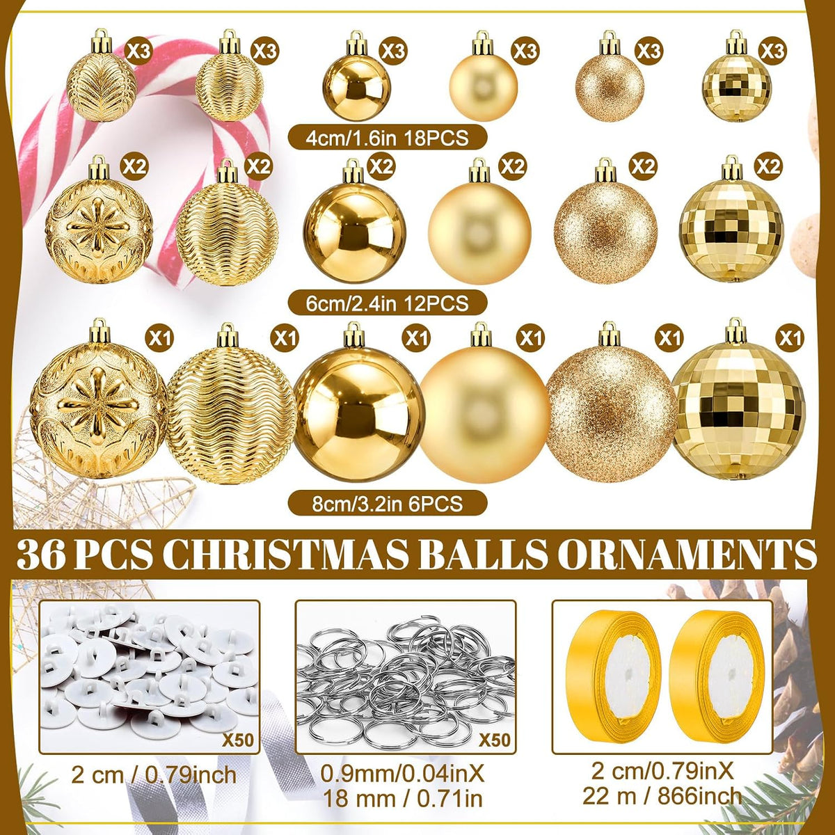 Relaxgiant 36 bolas de Navidad para techo, color dorado | Tamaños s...